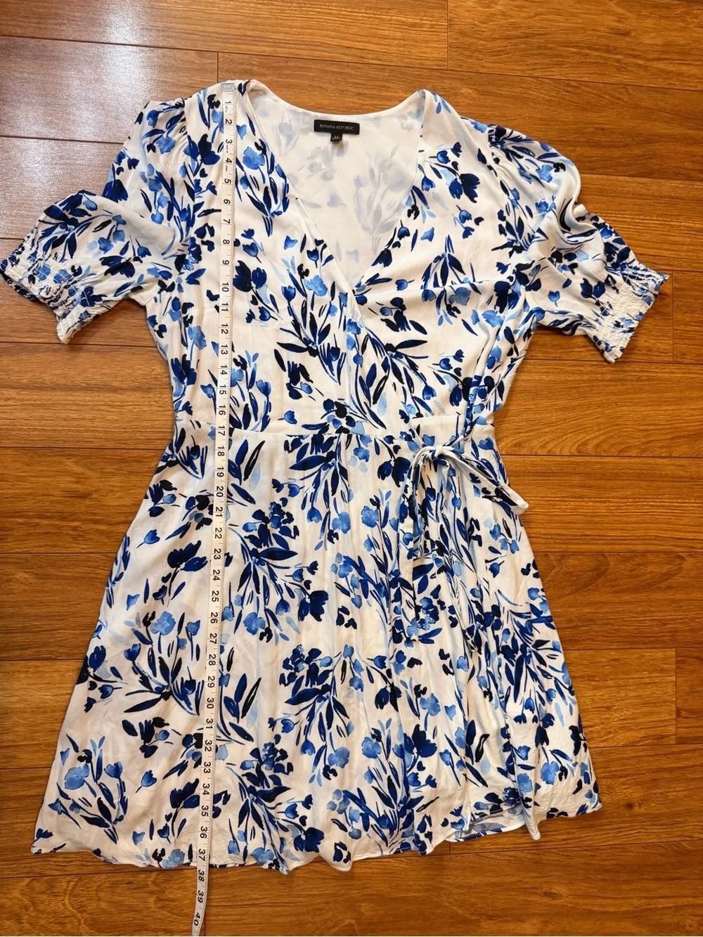 Banana Republic Blue and White Floral Wrap Midi Dress with Side Tie